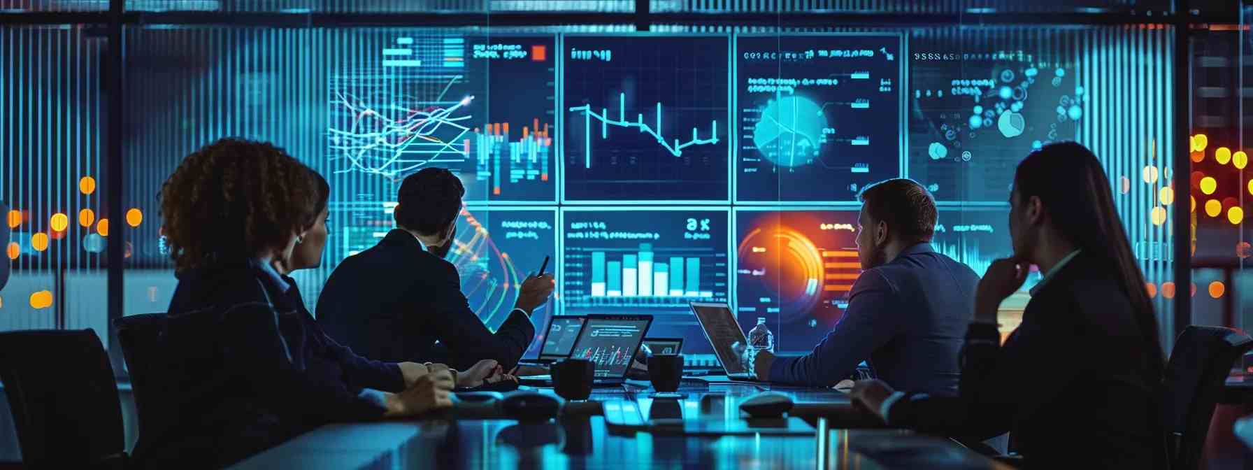 Executives looking at data surfaced by AI knowledge management software and projected on multiple screens