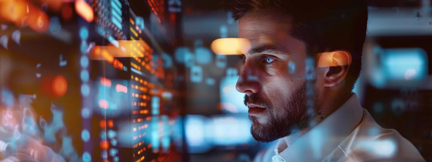 A man looking at onscreen data surfaced by AI knowledge management software