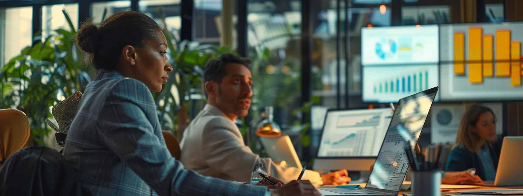 Business professionals collaborating on computers in an office, focusing on project management financials.