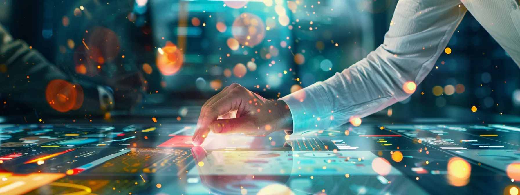 A person interacts with a digital screen, set against a vibrant city skyline in the background.