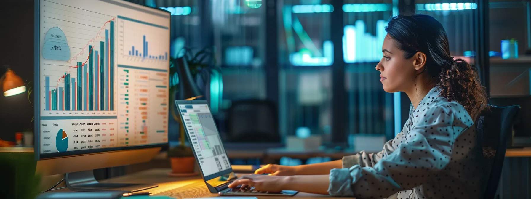 A woman working at a computer equipped with a technology expense management system